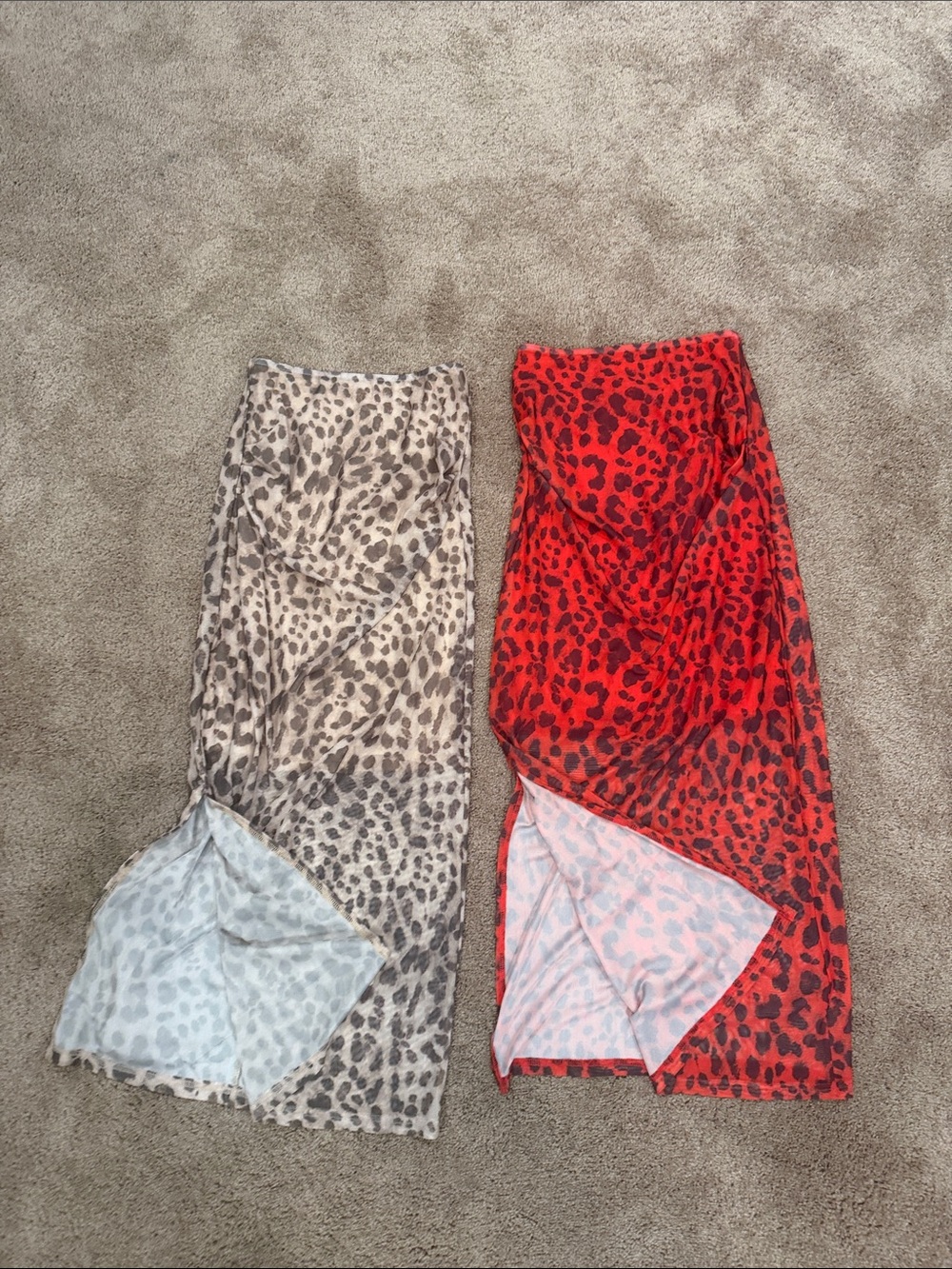 Lulu's Leopard Print Midi Skirts in Red and Taupe
